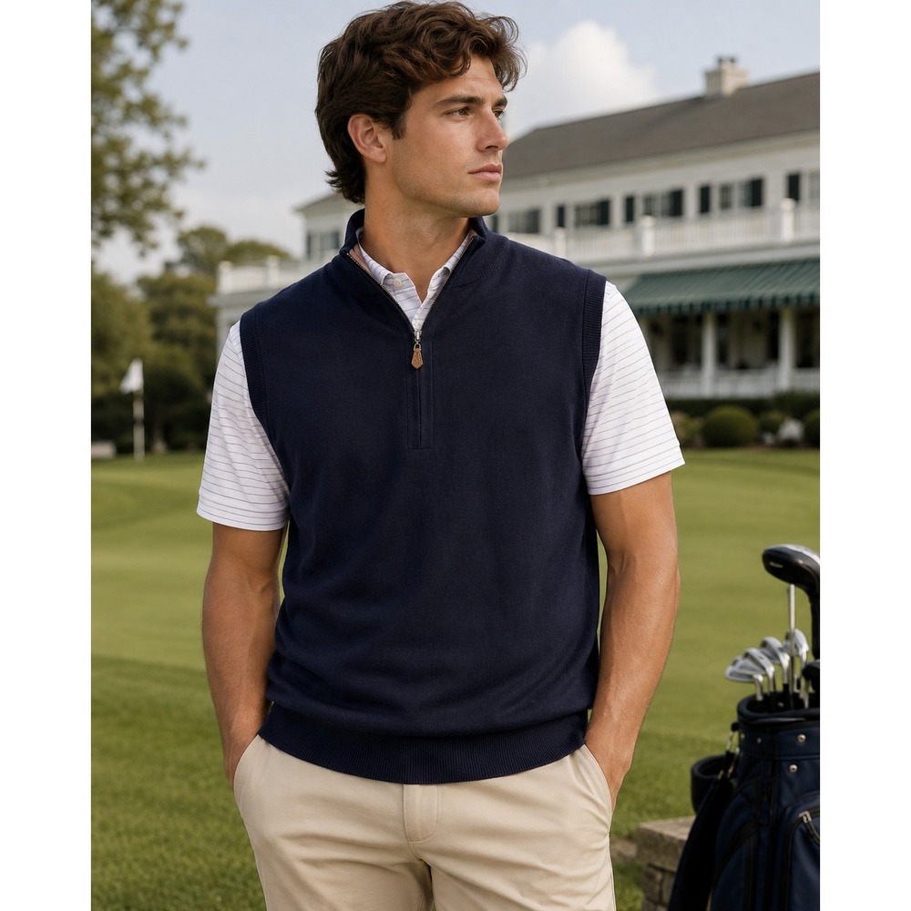 Donald Ross L 100% Merino Wool Golf Sweater Vest Navy 1/4 Zip Preppy Mens